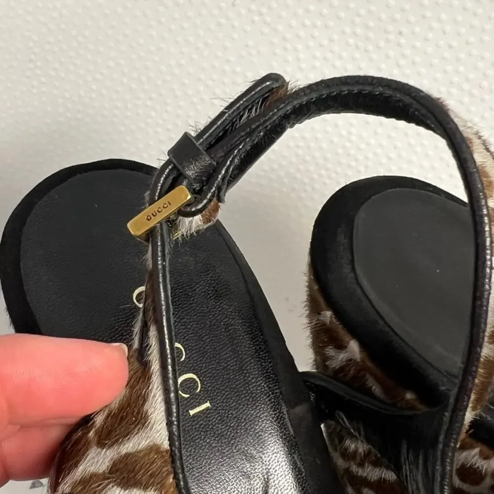GUCCI Grey Taupe Calf Hair Leopard Cork Platform Wedge Sandals Size 38 8